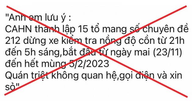 Không có việc thành lập 15 tổ công tác theo chuyên đề 212 kiểm tra nồng độ cồn