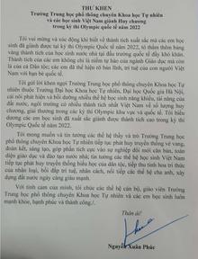 Chủ tịch nước gửi Thư khen nhà trường và học sinh giành huy chương trong kỳ thi Olympic 2022