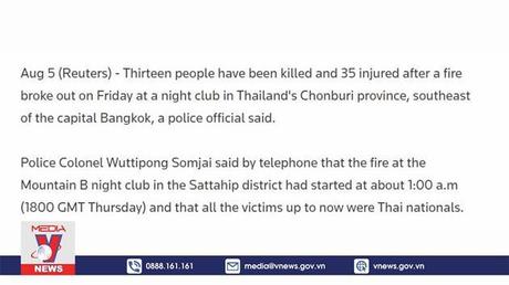 Hỏa hoạn tại câu lạc bộ đêm ở Thái Lan