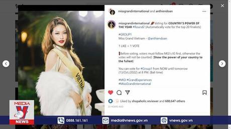 Hoa hậu Thiên Ân lọt top 10 thí sinh được yêu thích tại Miss Grand International