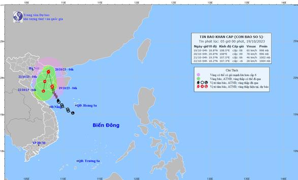 Bão số 5 giật cấp 11 trên vùng biển phía Bắc vịnh Bắc Bộ