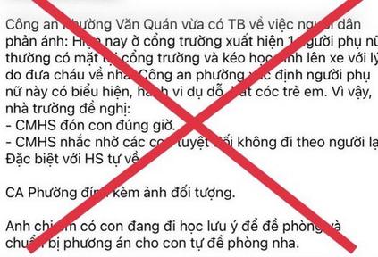 Hà Nội: Thông tin 1 phụ nữ có biểu hiện dụ dỗ, bắt cóc trẻ em ở phường Văn Quán là sai sự thật