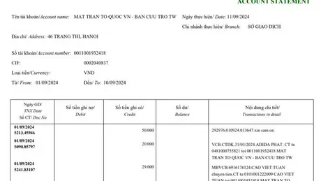 Uỷ ban Mặt trận Tổ quốc Việt Nam đăng tải 12.028 trang sao kê tiền ủng hộ đồng bào bị ảnh hưởng bởi bão số 3, tổng số tiền lên tới 527,8 tỷ đồng