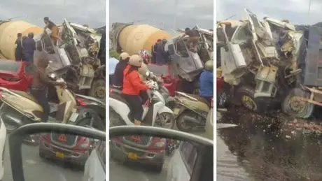 Vụ tai nạn liên hoàn xảy ra tại thị xã Quế Võ, Bắc Ninh khiến 2 người bị mắc kẹt trong cabin.