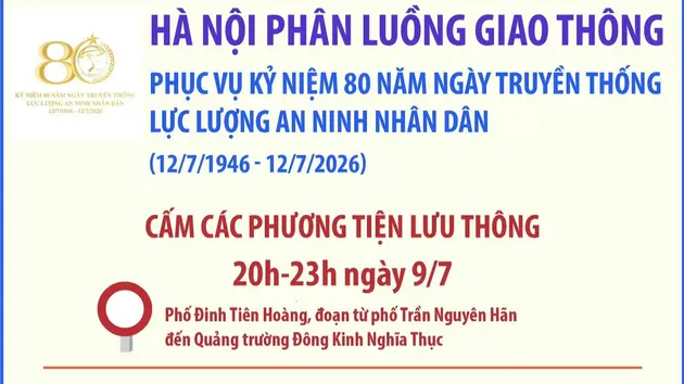 Hà Nội phân luồng giao thông phục vụ Kỷ niệm 80 năm Ngày truyền thống lực lượng An ninh nhân dân (12/7/1946 - 12/7/2026)