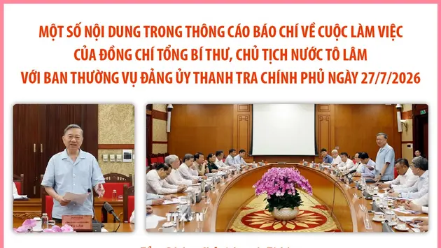 Một số nội dung trong Thông cáo báo chí về cuộc làm việc của đồng chí Tổng Bí thư, Chủ tịch nước Tô Lâm với Ban Thường vụ Đảng uỷ Thanh tra Chính phủ ngày 27/7/2026